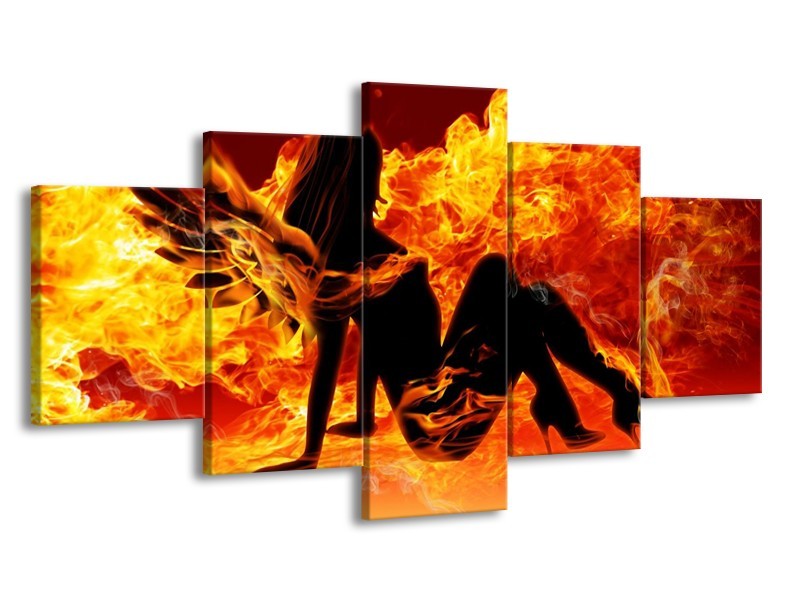 Canvas schilderij Vrouw | Zwart, Oranje, Geel | 150x80cm 5Luik
