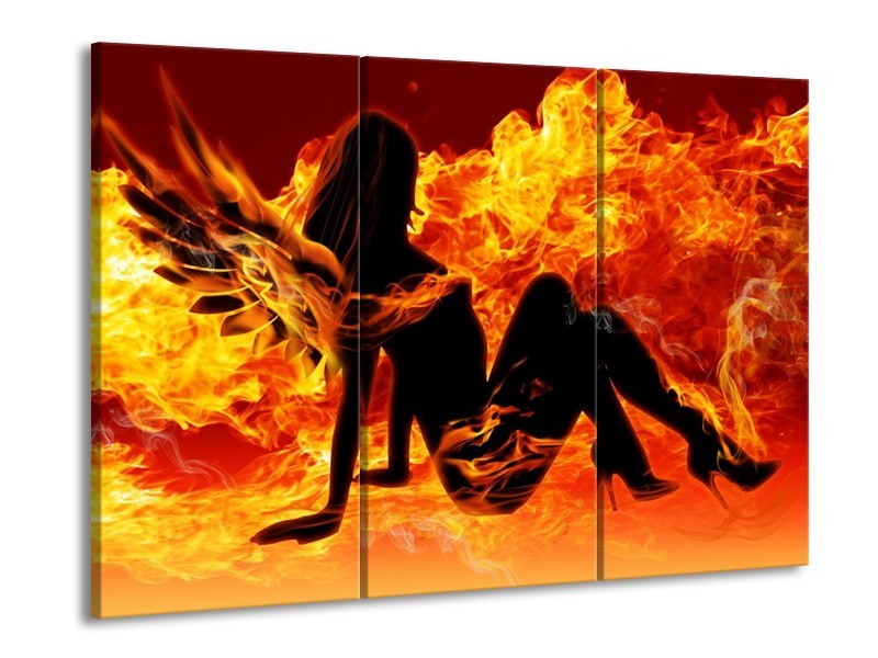 Canvas schilderij Vrouw | Zwart, Oranje, Geel | 90x60cm 3Luik