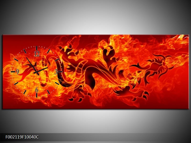 Klok schilderij Draak | Zwart, Oranje, Geel | 100x40cm 1Luik