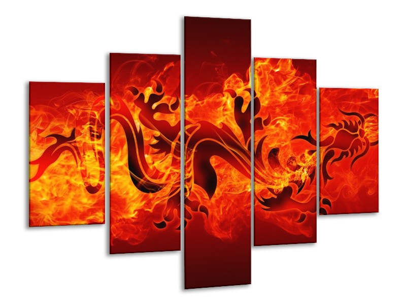 Canvas schilderij Draak | Zwart, Oranje, Geel | 100x70cm 5Luik