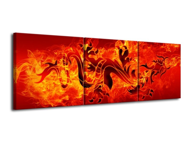Canvas schilderij Draak | Zwart, Oranje, Geel | 120x40cm 3Luik
