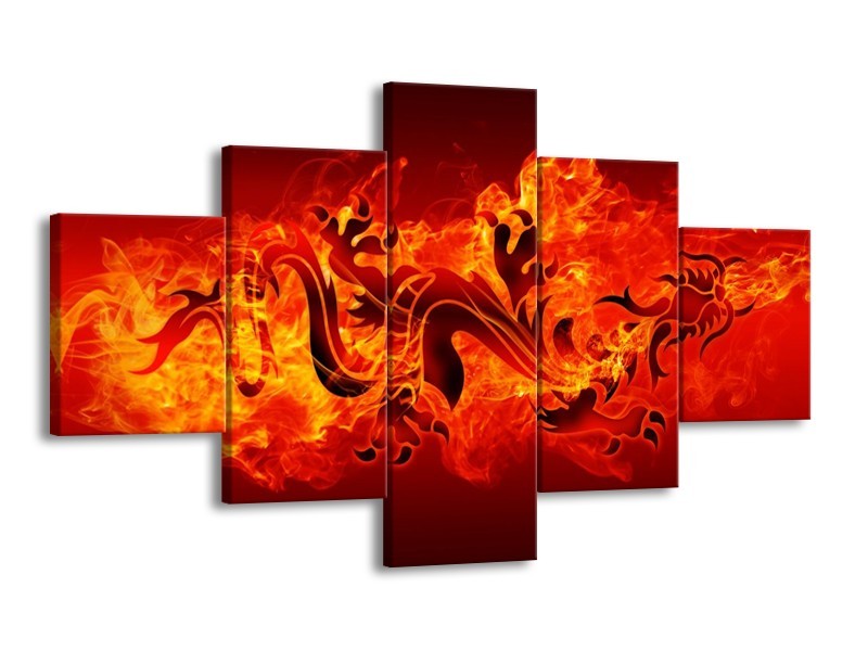 Canvas schilderij Draak | Zwart, Oranje, Geel | 125x70cm 5Luik