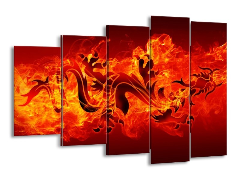 Canvas schilderij Draak | Zwart, Oranje, Geel | 150x100cm 5Luik