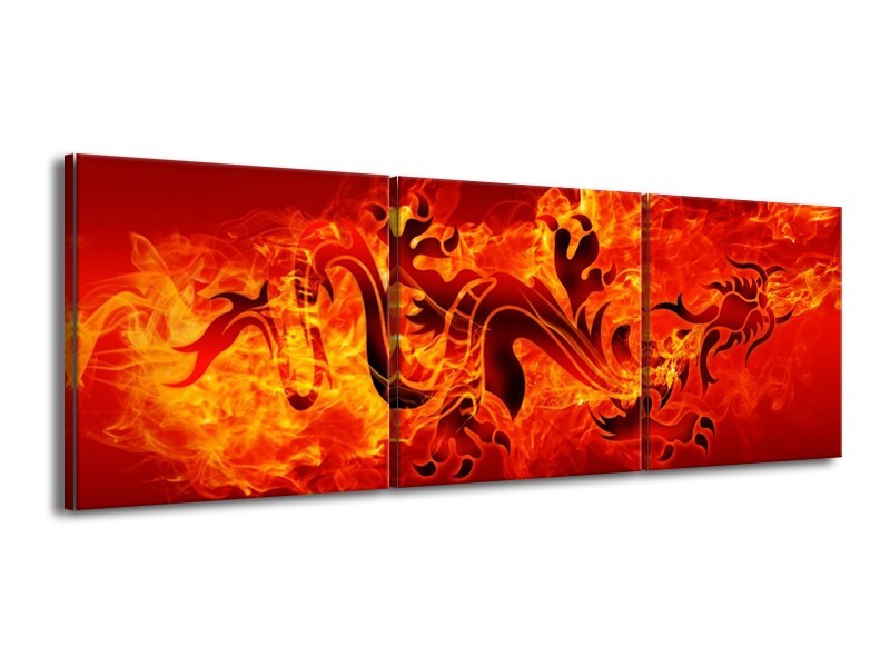 Canvas schilderij Draak | Zwart, Oranje, Geel | 150x50cm 3Luik