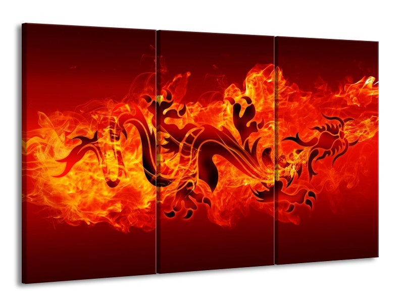 Canvas schilderij Draak | Zwart, Oranje, Geel | 165x100cm 3Luik