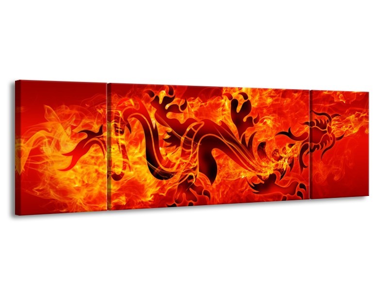 Canvas schilderij Draak | Zwart, Oranje, Geel | 170x50cm 3Luik