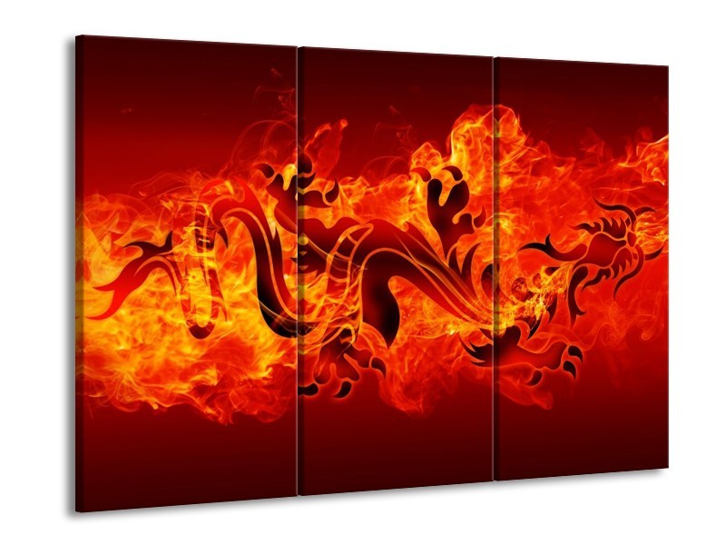 Canvas schilderij Draak | Zwart, Oranje, Geel | 90x60cm 3Luik