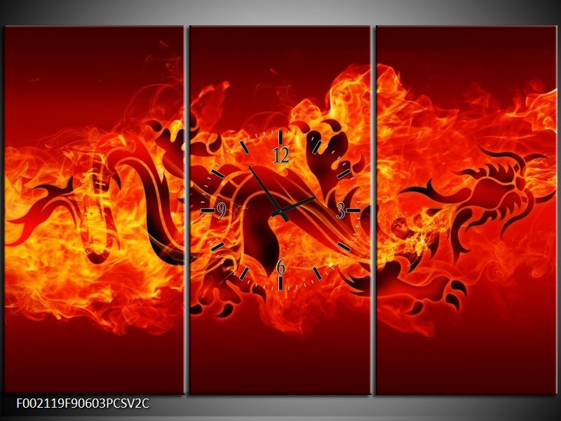 Klok schilderij Draak | Zwart, Oranje, Geel | 90x60cm 3Luik