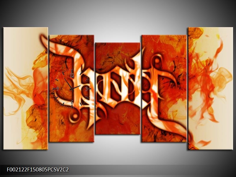 Klok schilderij Vuur | Zwart, Oranje, Geel | 150x80cm 5Luik
