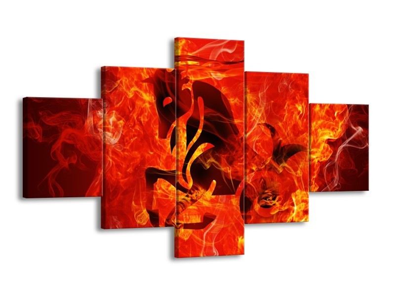 Canvas schilderij Paard | Zwart, Oranje, Geel | 125x70cm 5Luik