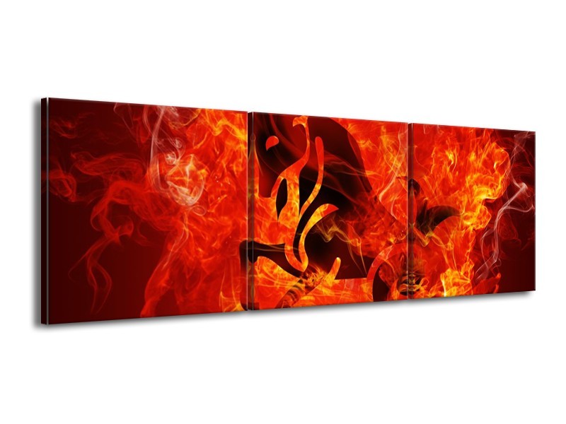 Canvas schilderij Paard | Zwart, Oranje, Geel | 150x50cm 3Luik