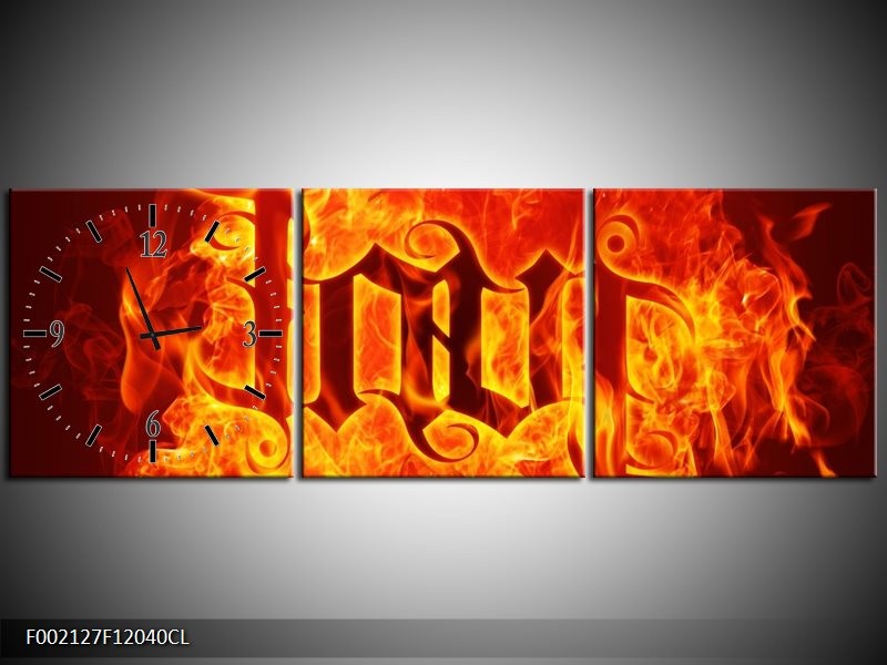 Klok schilderij Vuur | Zwart, Oranje, Geel | 120x40cm 3Luik