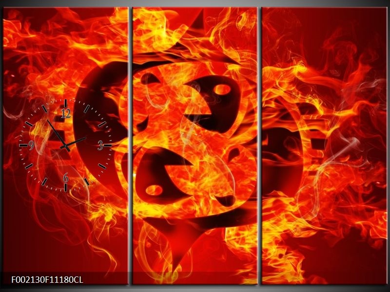 Klok schilderij Vuur | Zwart, Oranje, Geel | 111x80cm 3Luik