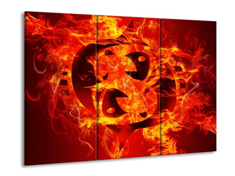 Canvas schilderij Vuur | Zwart, Oranje, Geel | 90x60cm 3Luik