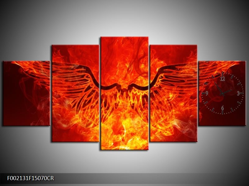 Klok schilderij Vuur | Zwart, Oranje, Geel | 150x70cm 5Luik