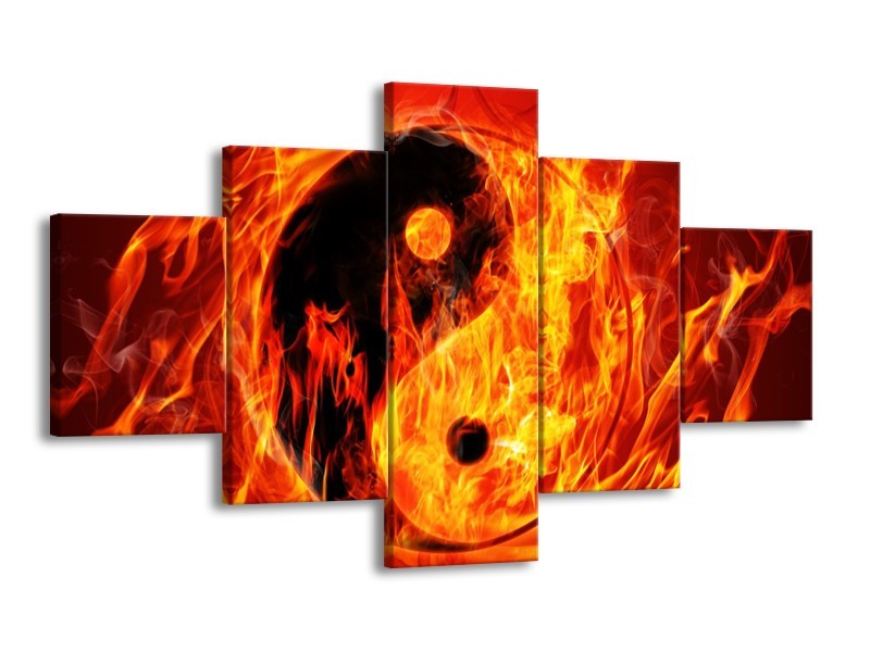 Canvas schilderij Vuur | Zwart, Oranje, Geel | 125x70cm 5Luik