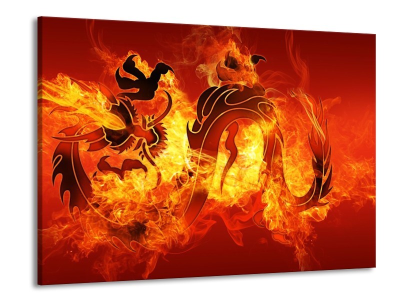 Canvas schilderij Draak | Zwart, Oranje, Geel | 100x70cm 1Luik