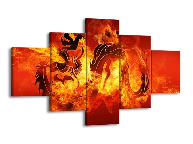 Canvas schilderij Draak | Zwart, Oranje, Geel | 125x70cm 5Luik