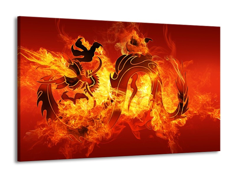 Canvas schilderij Draak | Zwart, Oranje, Geel | 140x90cm 1Luik