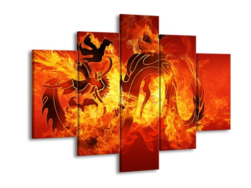 Canvas schilderij Draak | Zwart, Oranje, Geel | 150x105cm 5Luik
