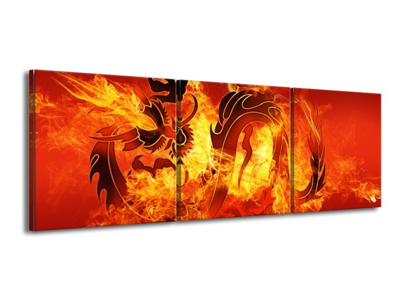 Canvas schilderij Draak | Zwart, Oranje, Geel | 150x50cm 3Luik