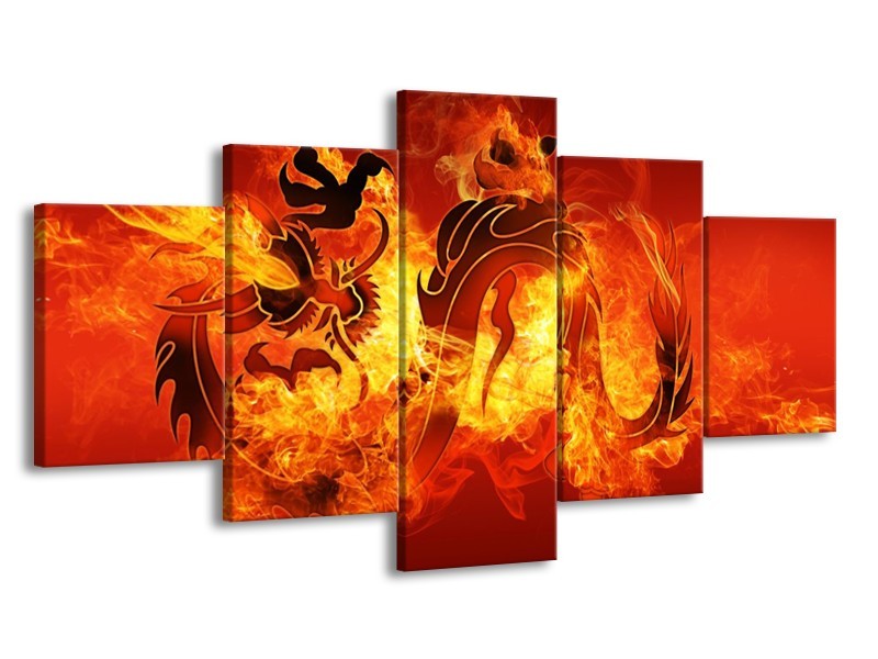 Canvas schilderij Draak | Zwart, Oranje, Geel | 150x80cm 5Luik