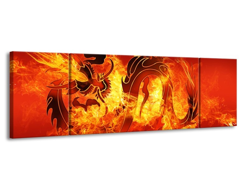 Canvas schilderij Draak | Zwart, Oranje, Geel | 170x50cm 3Luik