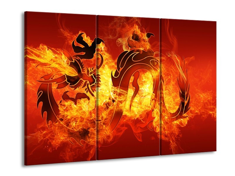 Canvas schilderij Draak | Zwart, Oranje, Geel | 90x60cm 3Luik