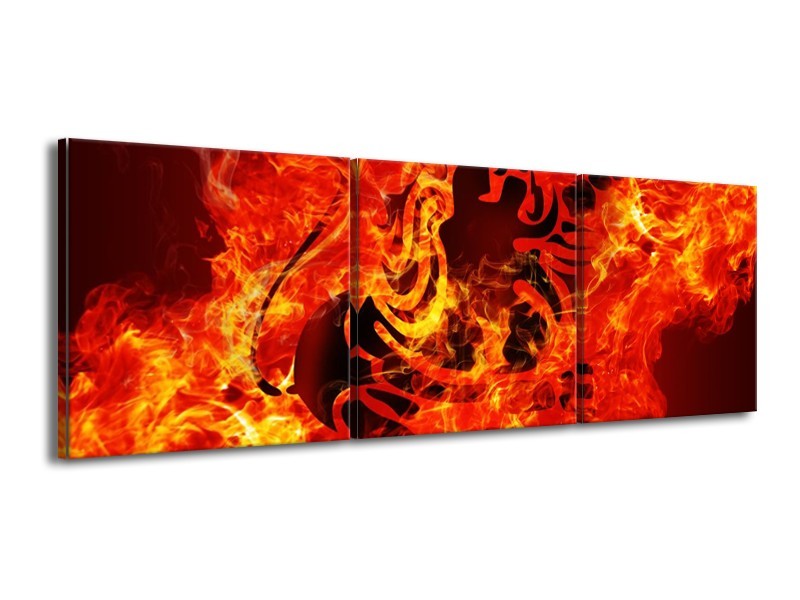 Canvas schilderij Vuur | Zwart, Oranje, Geel | 150x50cm 3Luik