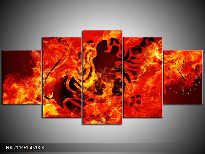 Klok schilderij Vuur | Zwart, Oranje, Geel | 150x70cm 5Luik