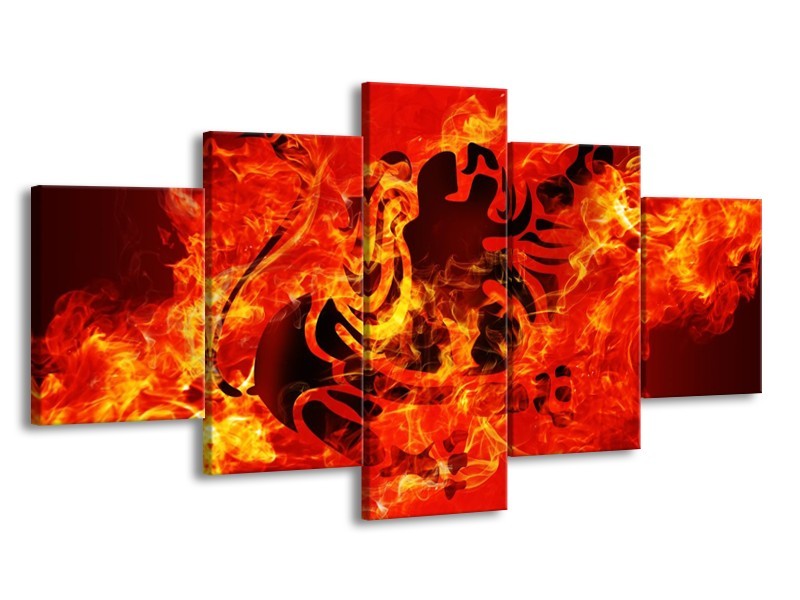 Canvas schilderij Vuur | Zwart, Oranje, Geel | 150x80cm 5Luik