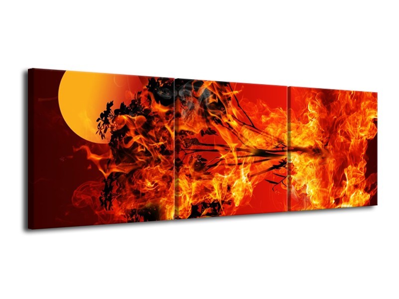 Canvas schilderij Vuur | Zwart, Oranje, Geel | 120x40cm 3Luik