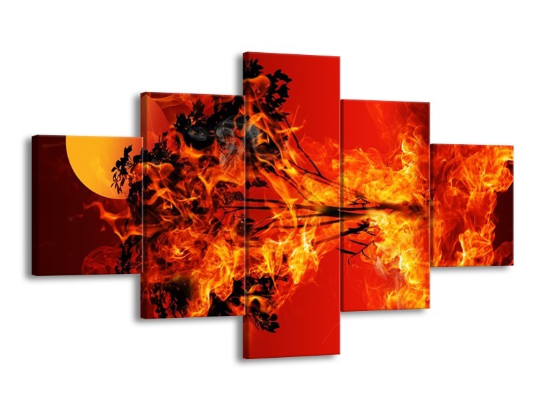 Canvas schilderij Vuur | Zwart, Oranje, Geel | 125x70cm 5Luik