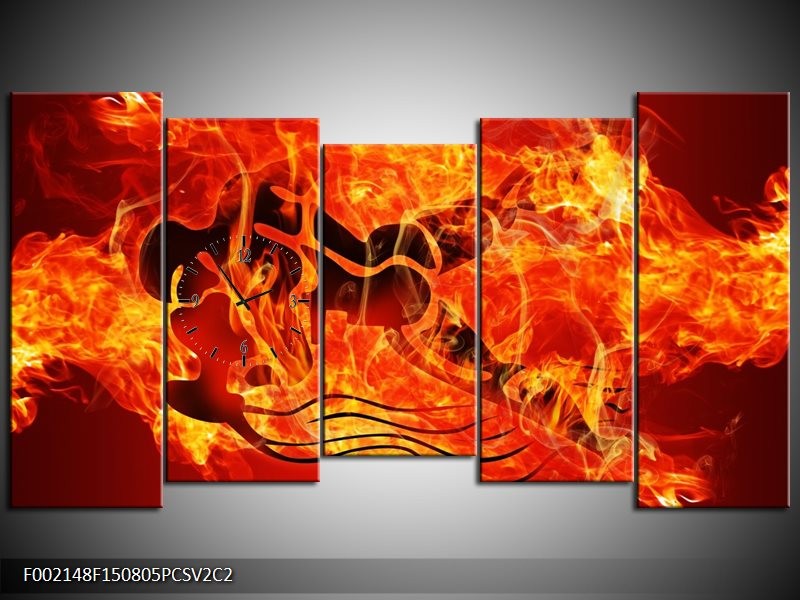 Klok schilderij Vuur | Zwart, Oranje, Geel | 150x80cm 5Luik