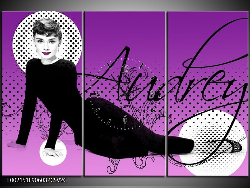 Klok schilderij Audrey | Zwart, Wit, Paars | 90x60cm 3Luik