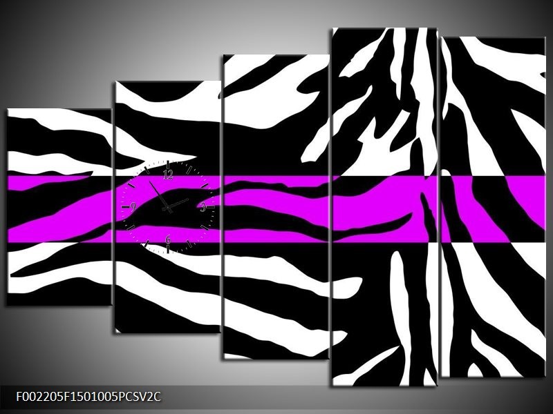 Klok schilderij Zebra | Zwart, Wit, Paars | 150x100cm 5Luik
