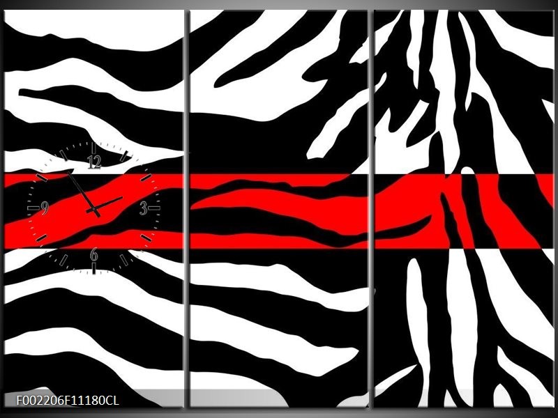 Klok schilderij Zebra | Zwart, Wit, Rood | 111x80cm 3Luik