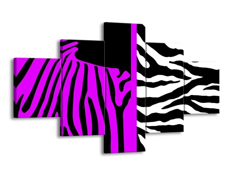 Canvas schilderij Zebra | Paars, Zwart, Wit | 125x70cm 5Luik