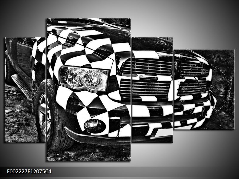 Klok schilderij Auto | Zwart, Wit, Grijs | 120x75cm 4Luik