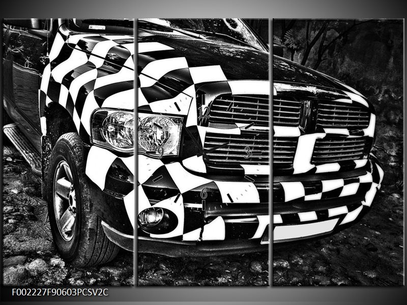 Klok schilderij Auto | Zwart, Wit, Grijs | 90x60cm 3Luik