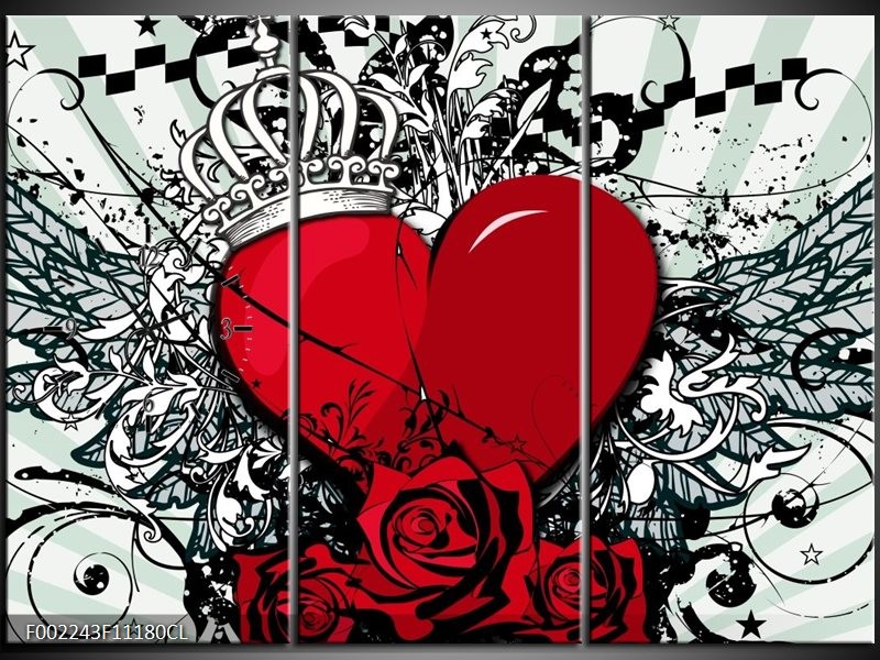 Klok schilderij Hart | Zwart, Rood, Wit | 111x80cm 3Luik