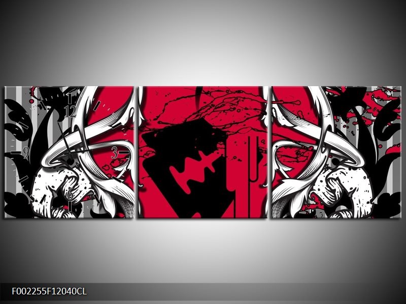 Klok schilderij Popart | Rood, Zwart, Grijs | 120x40cm 3Luik