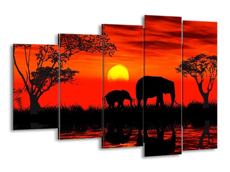 Canvas schilderij Olifant | Rood, Zwart | 150x100cm 5Luik