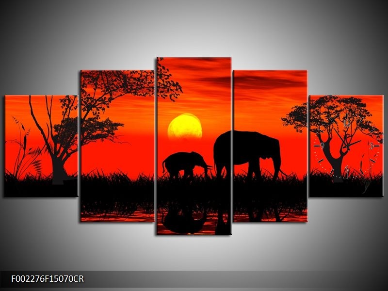 Klok schilderij Olifant | Rood, Zwart | 150x70cm 5Luik