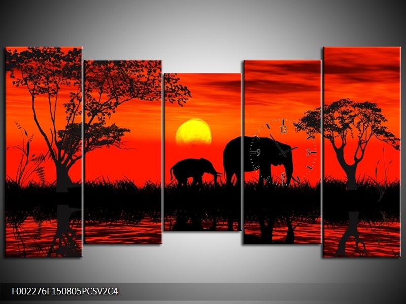 Klok schilderij Olifant | Rood, Zwart | 150x80cm 5Luik