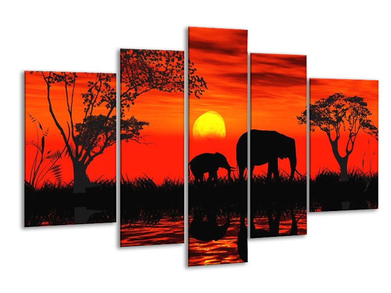 Canvas schilderij Olifant | Rood, Zwart | 170x100cm 5Luik