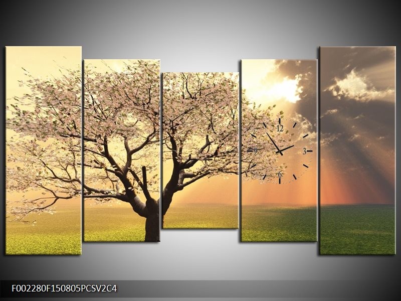Klok schilderij Boom | Groen, Geel, Wit | 150x80cm 5Luik
