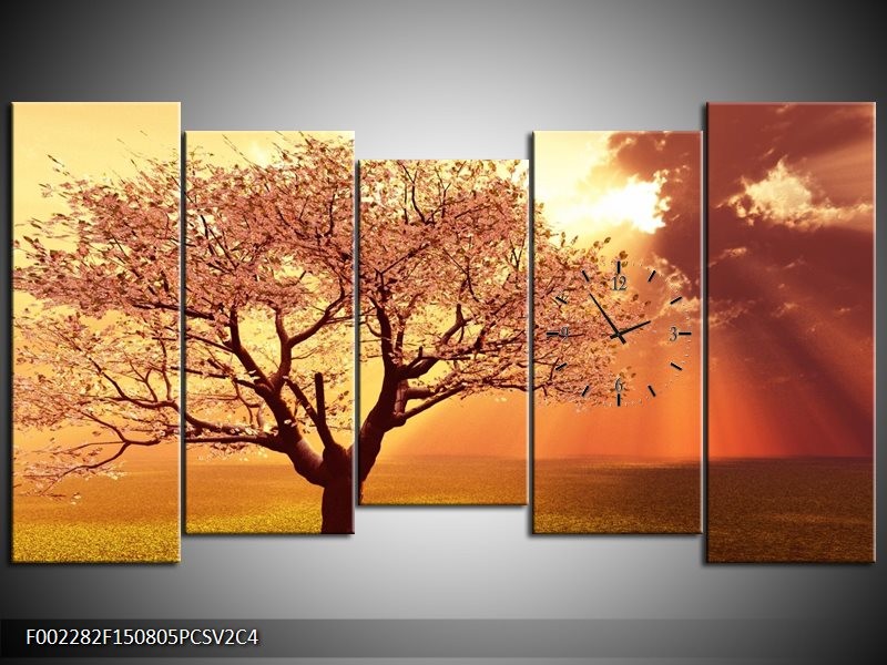 Klok schilderij Boom | Geel, Oranje, Bruin | 150x80cm 5Luik