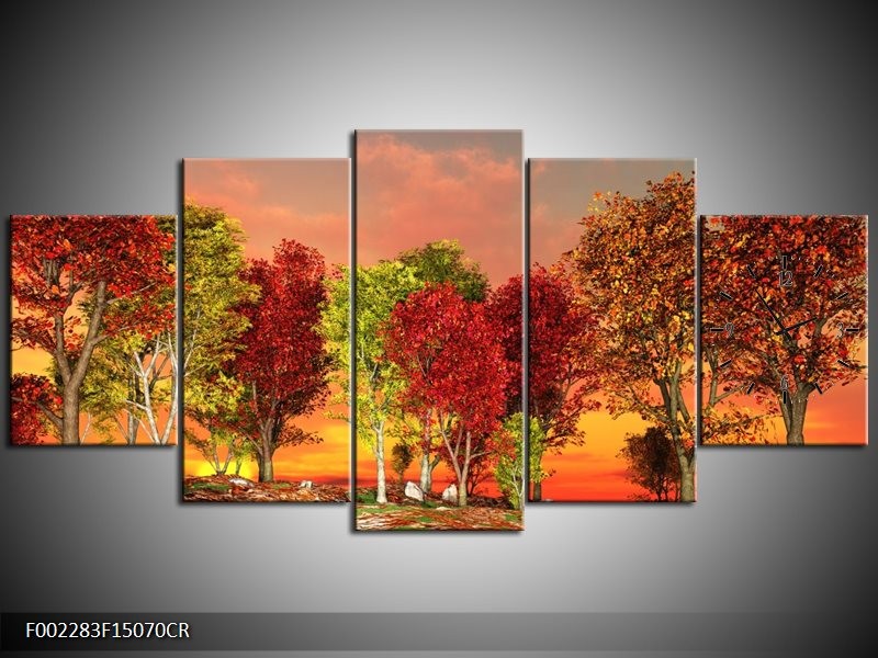 Klok schilderij Herfst | Rood, Bruin, Geel | 150x70cm 5Luik