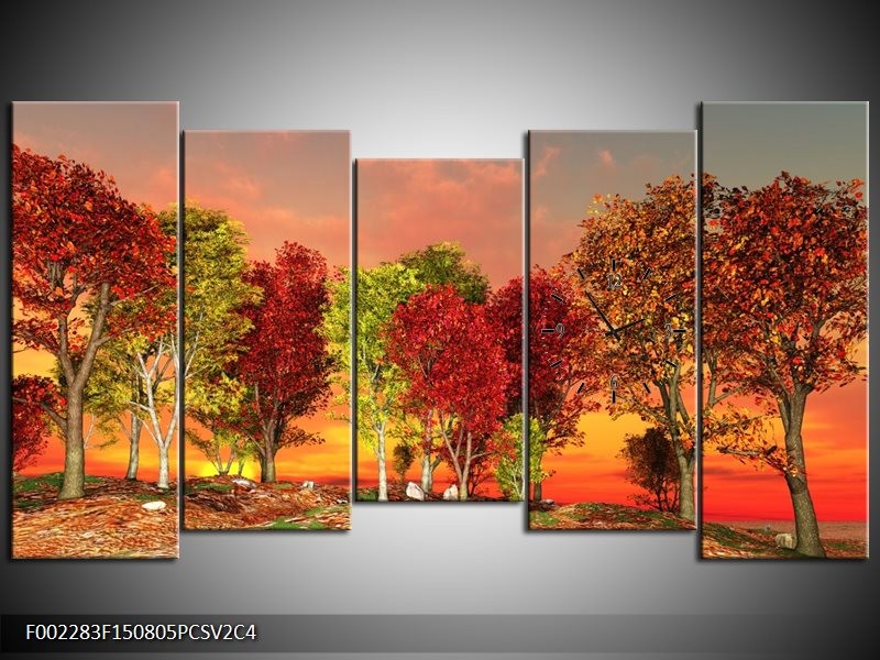 Klok schilderij Herfst | Rood, Bruin, Geel | 150x80cm 5Luik